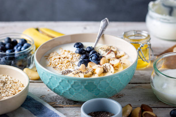 istock Blueberries, banana slices, oat flakes and yoghurt 1464491270