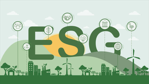 ilustraciones, imágenes clip art, dibujos animados e iconos de stock de icono de línea web de banner esg para negocios y organizaciones, medio ambiente, social, gobernanza, desempeño de sostenibilidad corporativa para inversiones con fondo de ciudad verde. - environment responsibility gear resource