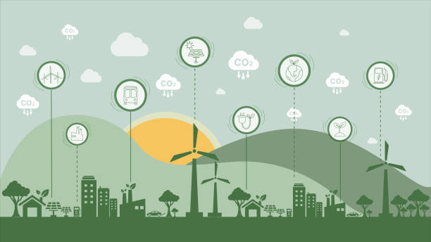 ilustrações, clipart, desenhos animados e ícones de reduzir as emissões de dióxido de carbono para limitar o aquecimento global e as mudanças climáticas. níveis mais baixos de co2 com desenvolvimento sustentável como energia renovável e veículos elétricos - vetor de cidade verde - emissions control