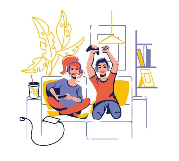 Vector illustration of Guys playing on video games.  Fun time at home.