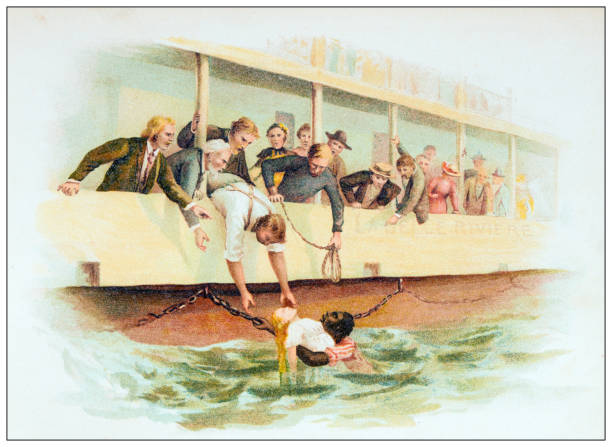 Antique illustration from Uncle Tom's Cabin novel: Uncle Tom saves Eva
