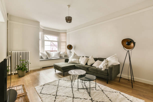 istock a living room with a green couch and a rug 1464495526