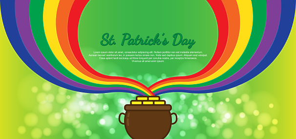 St. Patrick's Day vector background with a pot of gold coin and rainbow on green background