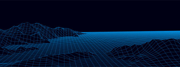 Vector mountain wireframe landscape. Technology polygonal terrain. Futuristic blue background.