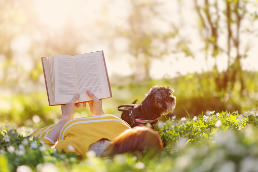 Woman with her dog lying on the blooming meadow and reading book. Concept of the studying and vacation.