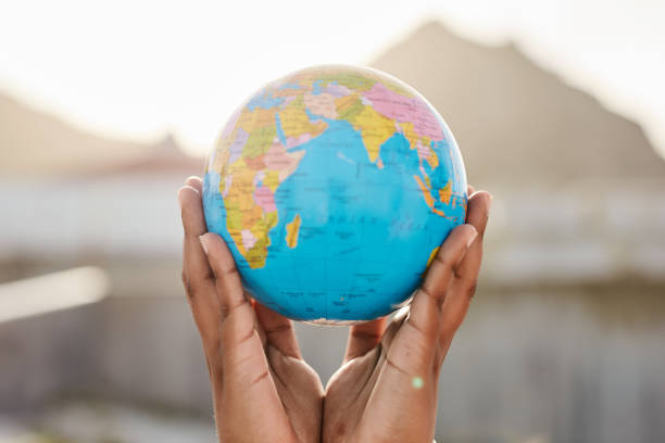 Trend artwork sketch photo collage of three different hands hold earth globe planet nature take care ecological system plastic pollution.
