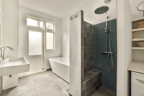 istock a bathroom with a shower sink and a tub 1464507676