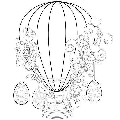 Colouring page-179, hand drawn, vector. Easter eggs, flowers, rabbit, air balloon, white background.