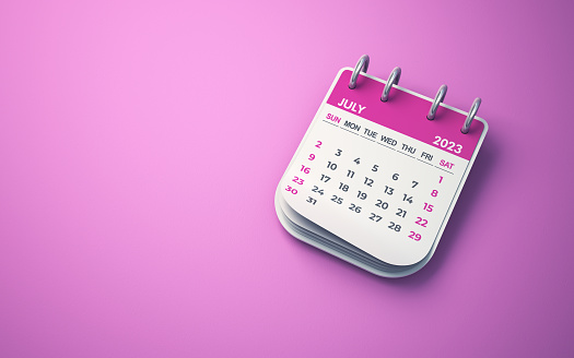 July 2023 Calendar on Purple Background, Desk Calendar, Clipping Path