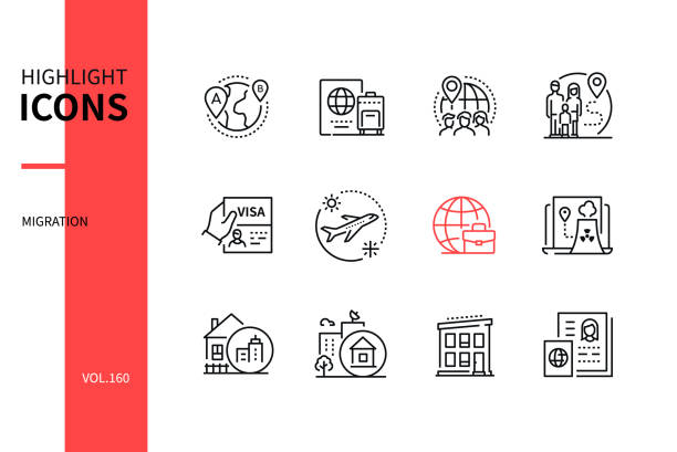 internationale migration - modernes line-design-stil-icon-set - auswanderung und einwanderung stock-grafiken, -clipart, -cartoons und -symbole