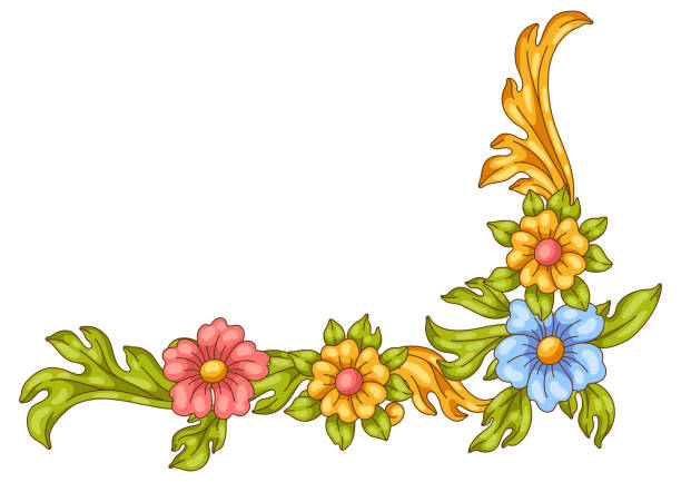 ilustrações, clipart, desenhos animados e ícones de canto floral decorativo em estilo barroco. planta de curling colorida. - scroll shape corner victorian style silhouette