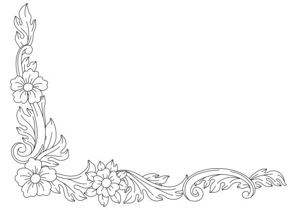 ilustrações, clipart, desenhos animados e ícones de canto floral decorativo em estilo barroco. planta de enrolamento preto. - scroll shape corner victorian style silhouette