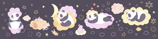 Vector illustration of Set of cute baby pandas sleeping on the clouds