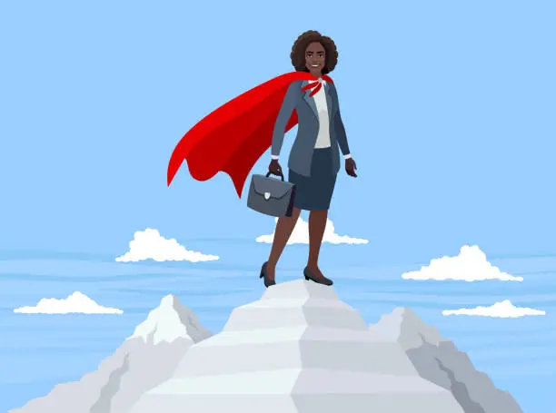 Vector illustration of African American Businesswoman standing on top of the mountain. Concept business illustration.