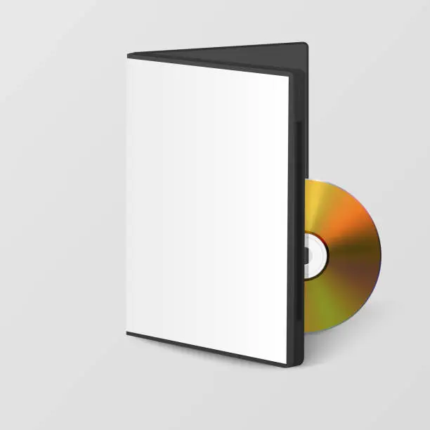 Vector illustration of Vector Realistic Yellow CD, DVD with Plastic Rectangular Cover, Envelope, Case Closeup Isolated on White Background. CD Box, Packaging Design for Mockup. Golden Compact Disk Icon, Front View