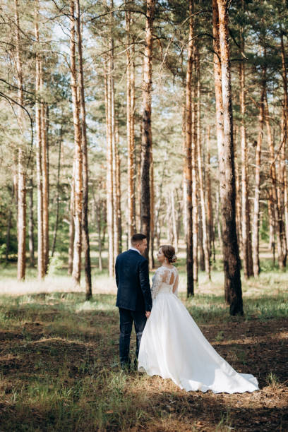 istock the bride and groom are walking in a pine forest 1464515214
