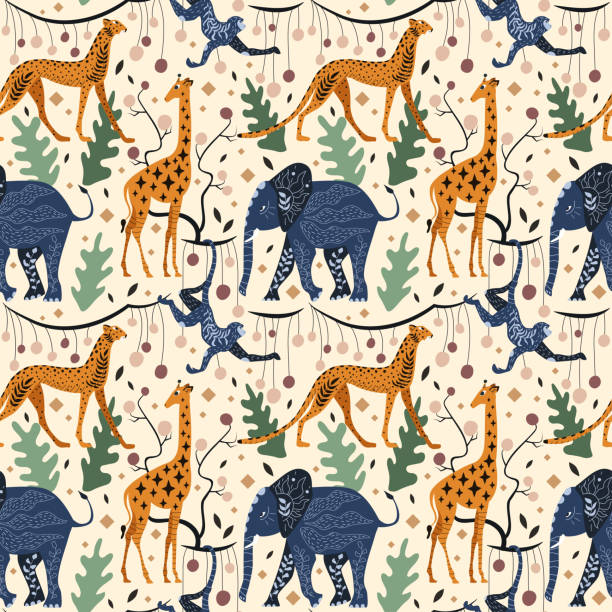 illustrations, cliparts, dessins animés et icônes de animaux africains, motif sans couture. illustration vectorielle - zoo animal safari giraffe