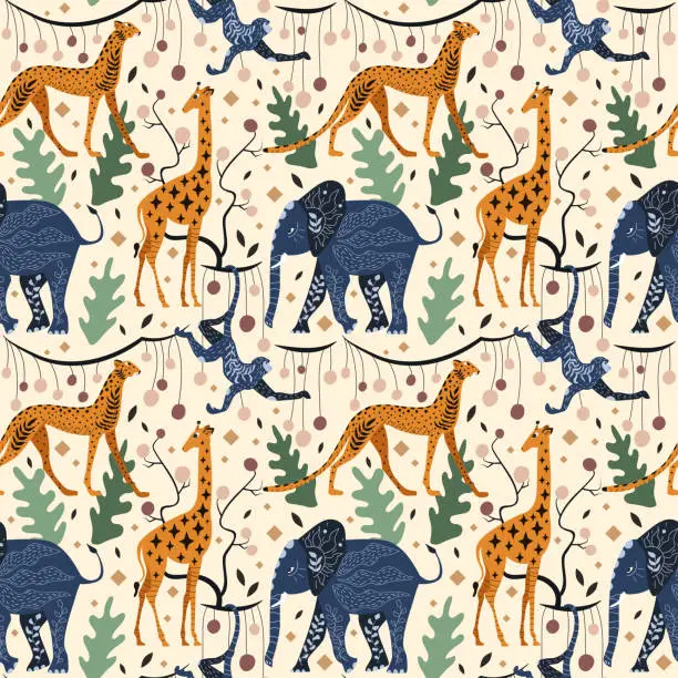 Vector illustration of African animals, seamless pattern. Vector illustration