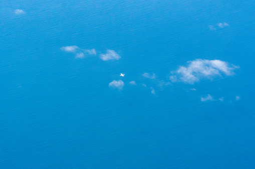 Aerial view of a smaller private plane over the Pacific Ocean off the coast of Los Angeles