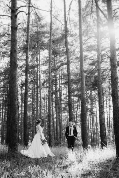 istock the bride and groom are walking in a pine forest 1464516755
