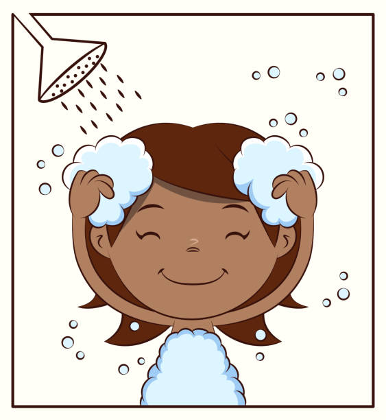 ilustraciones, imágenes clip art, dibujos animados e iconos de stock de niña tomando ducha, niño lavando el cabello - shower child shampoo washing