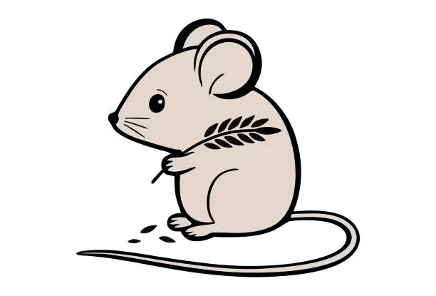 Vector illustration of Cute little mouse with spikelet of wheat