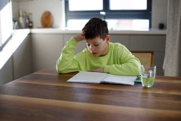 Boy doing his school work or homework stock photo