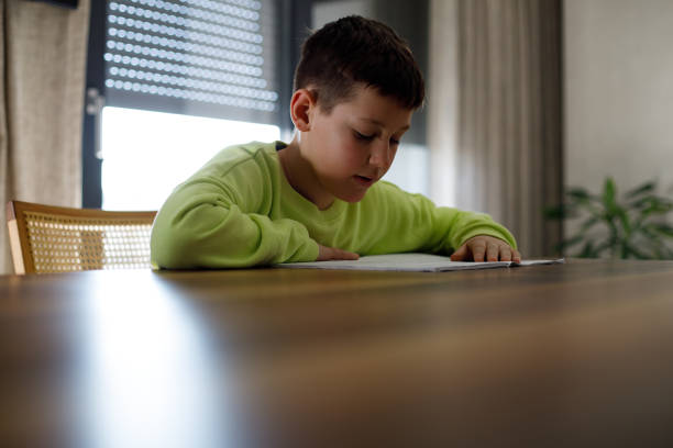 Boy doing his school work or homework stock photo