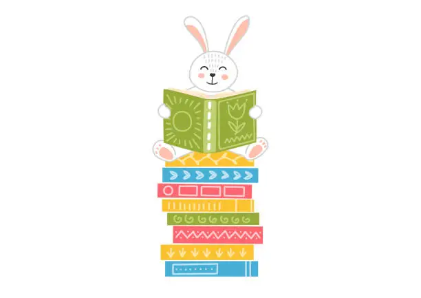 Vector illustration of Rabbit reading book on stack of books