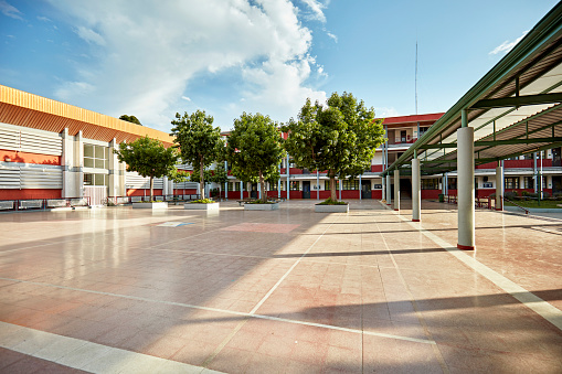 Wide angle view of outdoor environment with leafy shade trees and playground area for school children.