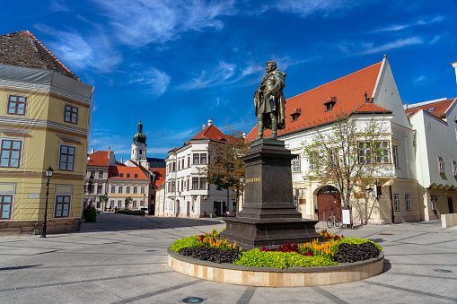 Kisfaudy Karoly statue on the square in Gyor city in Hungary .