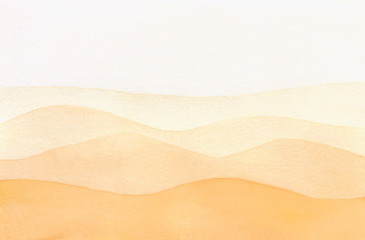 Watercolor, abstract background, hand-drawn in yellow shades. Panoramic view of mountains, hills, sand dunes, sky with horizon line. For decoration and design with space for text.