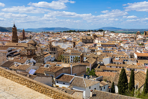 View of Antequera city center with churches and white houses. Malaga province, Andalusia, Spain.