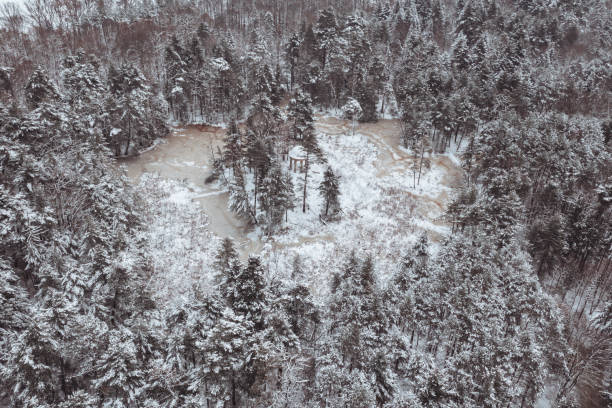 Aerial view of the abandoned Temple of Matilda in Pokój in winter scenery. In 1825, a temple covered with a dome was built on an island located on the Matilda Pond. It commemorates Princess Matilda von Waldeck, the first wife of Prince Eugene, southwest Poland, Opole voivodeship.