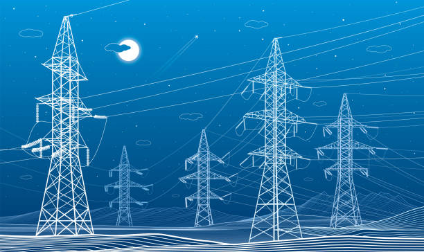 High voltage transmission systems. Electric pole. Energy pylons. Power lines. A network of interconnected electrical. White otlines on blue background. Vector design illustration High voltage transmission systems. Electric pole. Energy pylons. Power lines. A network of interconnected electrical. White otlines on blue background. Vector design illustration power mast stock illustrations