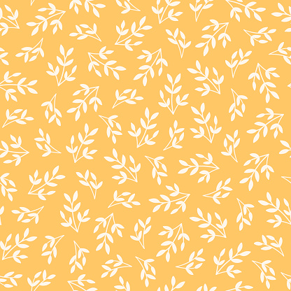 Yellow summer seamless pattern with hand drawn leaves silhouettes. Floral minimalist wallpaper design. Simple nature or garden theme background. Vector illustration on coloured background.