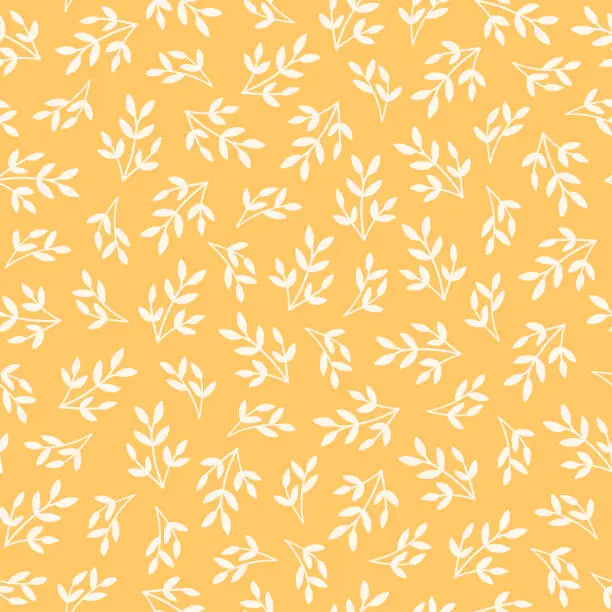 Vector illustration of Yellow summer seamless pattern with hand drawn leaves silhouettes. Floral minimalist wallpaper design. Simple nature or garden theme background.