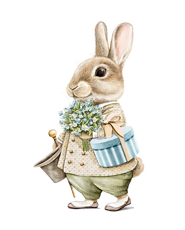 Watercolor vintage boy Easter bunny rabbit in suit holding bouquet of flowers and gift box isolated on white background. Watercolor hand drawn illustration sketch