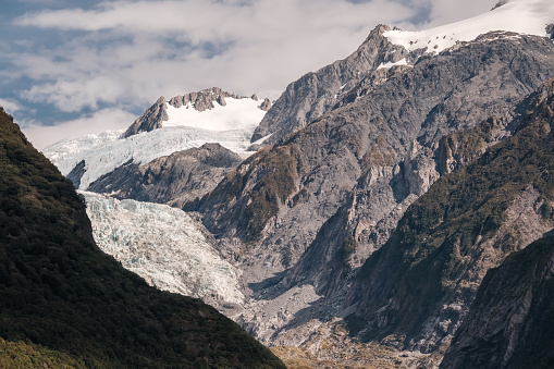 The 7.5 mile long Franz Josef Glacier on the west coast of the South Island of New Zealand.