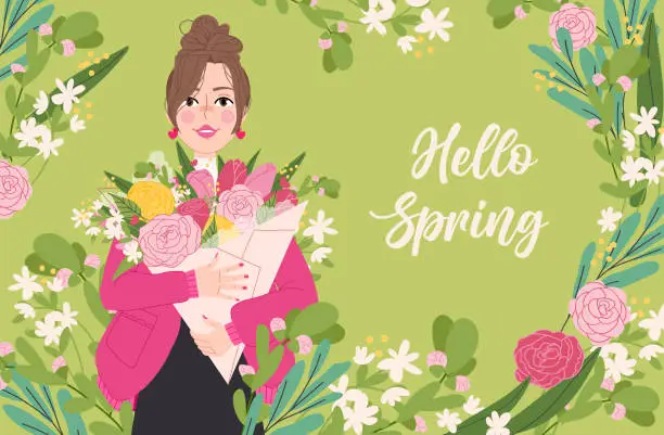Vector illustration of Cute women with bouquet of spring flowers banner. Happy Women's Day March 8 Floral card or posters for the spring holiday vector illustration