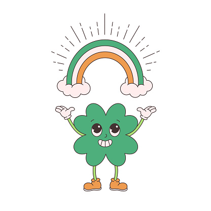 Trendy retro cartoon character clover with four leaf and rainbow. Happy Saint Patrick's Day. Groovy style, vintage, 70s 60s aesthetics. Vector illustration