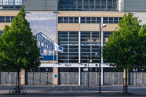 Facade of Parken Stadium, home for FC Copenhagen (Dan. FC København). Copenhagen, Denmark - May 2022