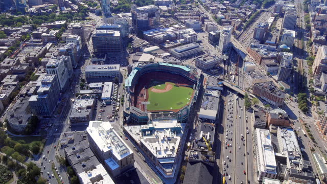 Fenway Park, the legendary home of the Red Sox, and the city of Boston, Massachusetts - aerial parallax