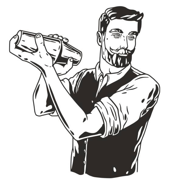 ilustraciones, imágenes clip art, dibujos animados e iconos de stock de barman con coctelera para barman. barkeepr o barman con barba y bigote para el bar de cócteles - bartender