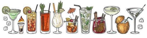 Cocktail set with tequila, martini and margarita, cosmopolitan for summer party. Set of cocktails Cocktail set with tequila, martini and margarita, cosmopolitan for summer party. Set of cocktails with old fashioned, sangria and mai tai, pina colada for exotic beach bar pineapple beach stock illustrations