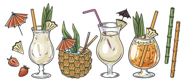 Set of pina Colada cocktails with slice of pineapple for summer party. Mai tai exotic cocktail Set of pina Colada cocktails with slice of pineapple for summer party. Alcochol mai tai or exotic pina cocktails with rum and leaf pineapple for beash bar and restaurant menu mai tai stock illustrations