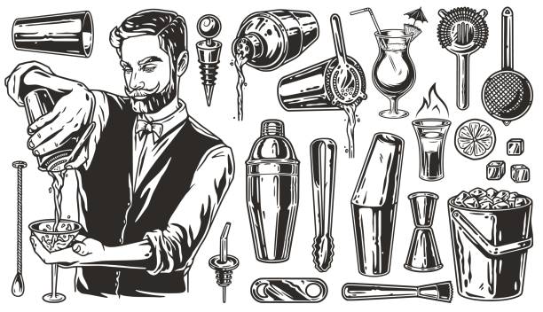 ilustraciones, imágenes clip art, dibujos animados e iconos de stock de juego de barman con barman, coctelera y jigger para el menú del bar. herramientas metálicas de bar de cócteles - bartender