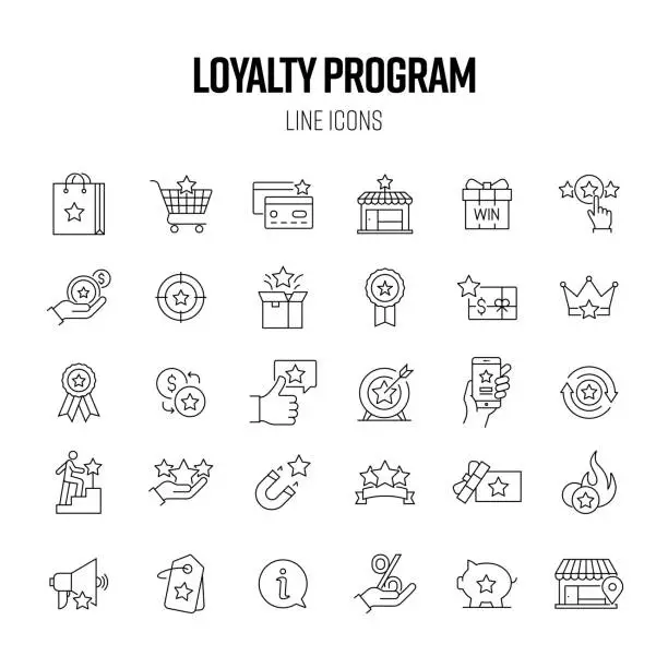 Vector illustration of Loyalty Program Line Icon Set. Customer, Store, Bonus, Prize