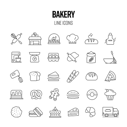 Bakery Line Icon Set. Bread, Pretzel, Croissant, Baked, Cake