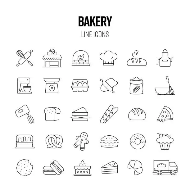 Vector illustration of Bakery Line Icon Set. Bread, Pretzel, Croissant, Baked, Cake